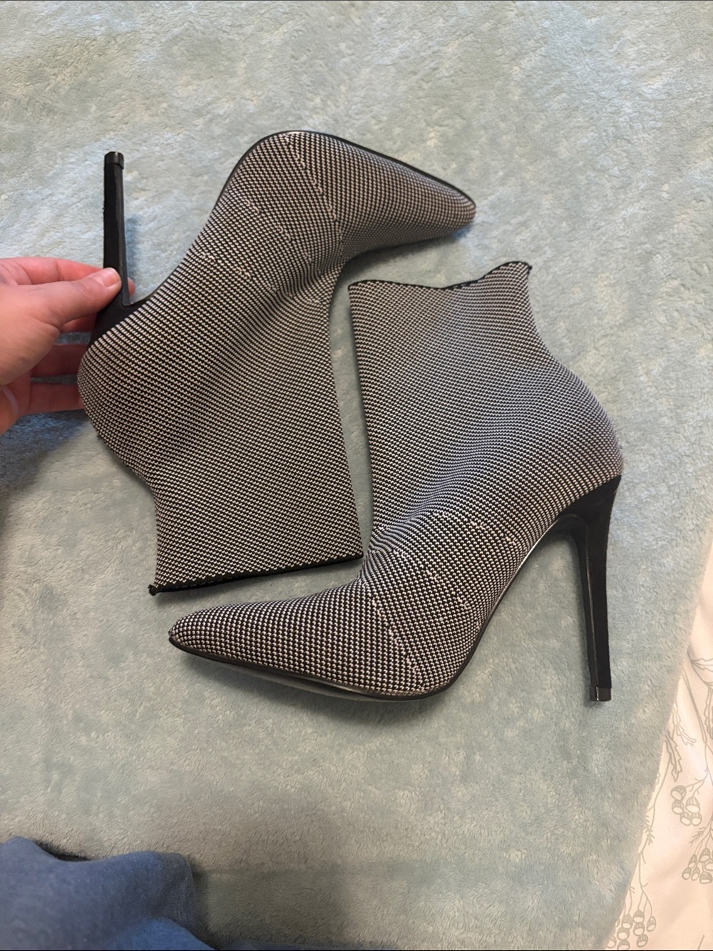 JustFab Black and White Houndstooth Pointed-Toe Sock Booties
